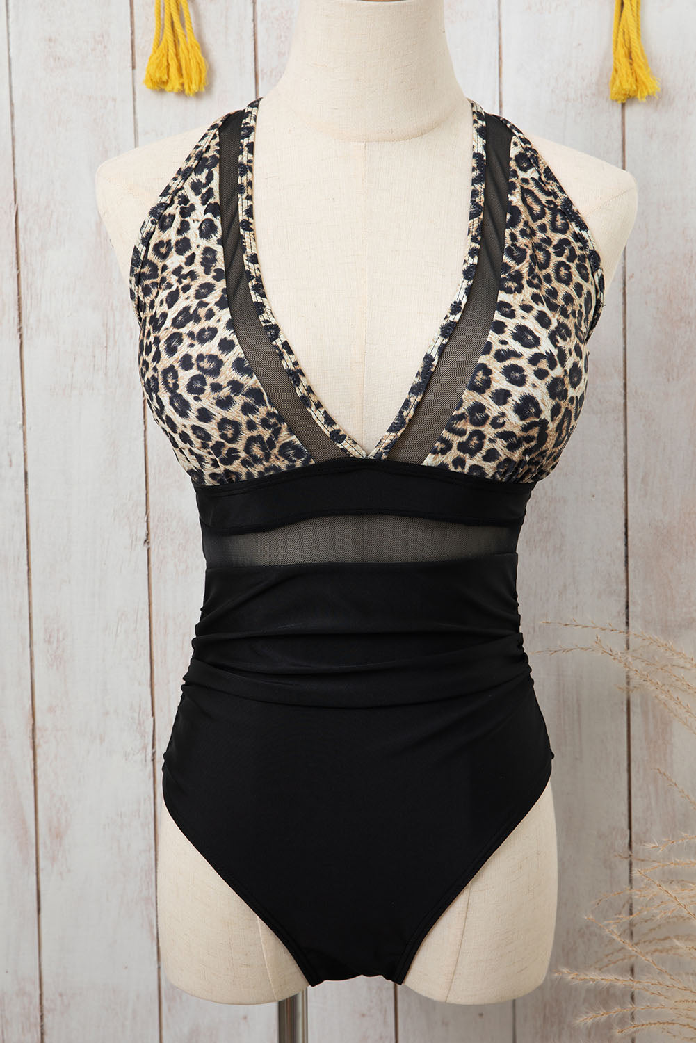 Leopard Print Mesh Insert V-Neck High Waist Monokini | Women’s Swimwear