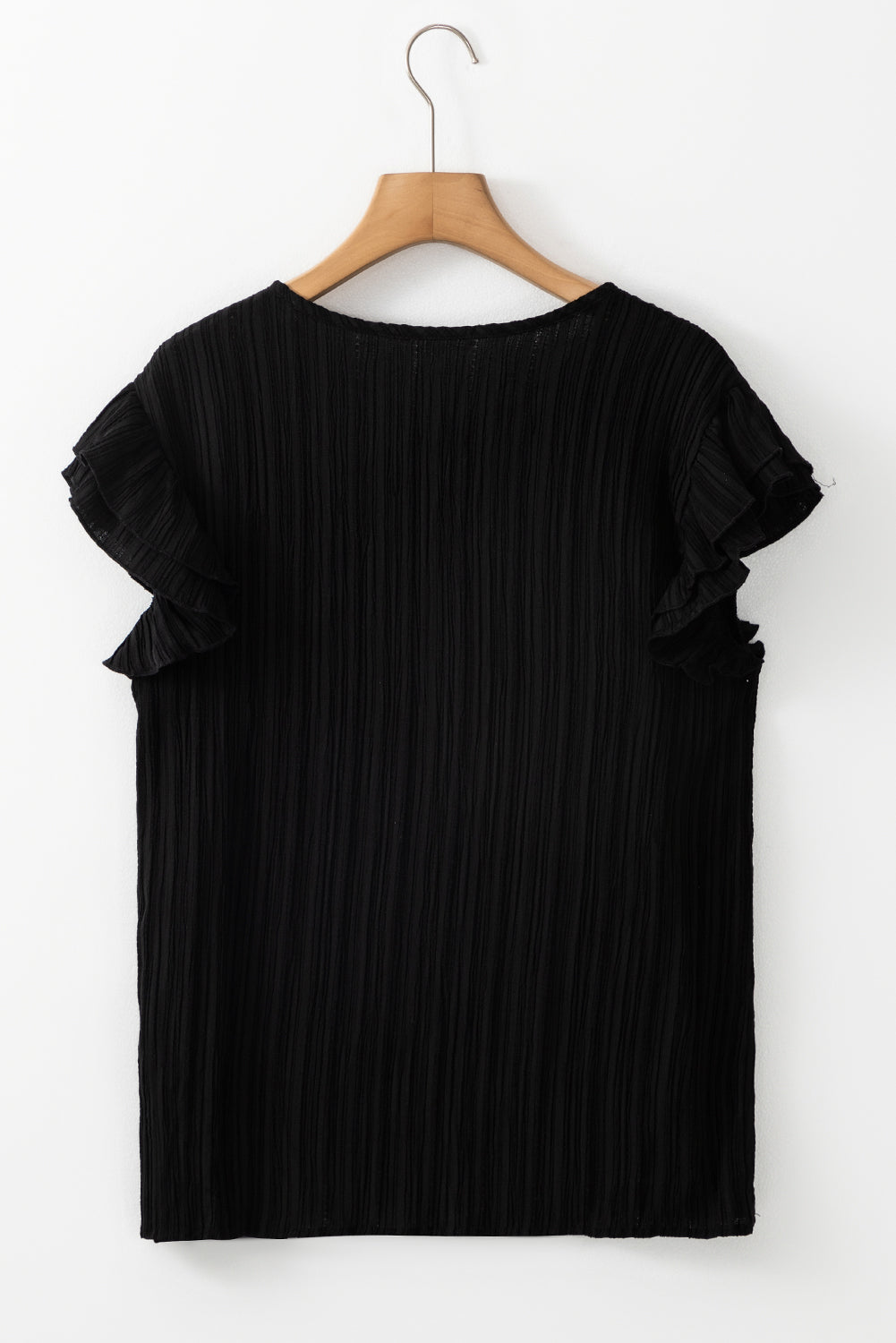 Black Textured Ruffled Sleeve V Neck Top