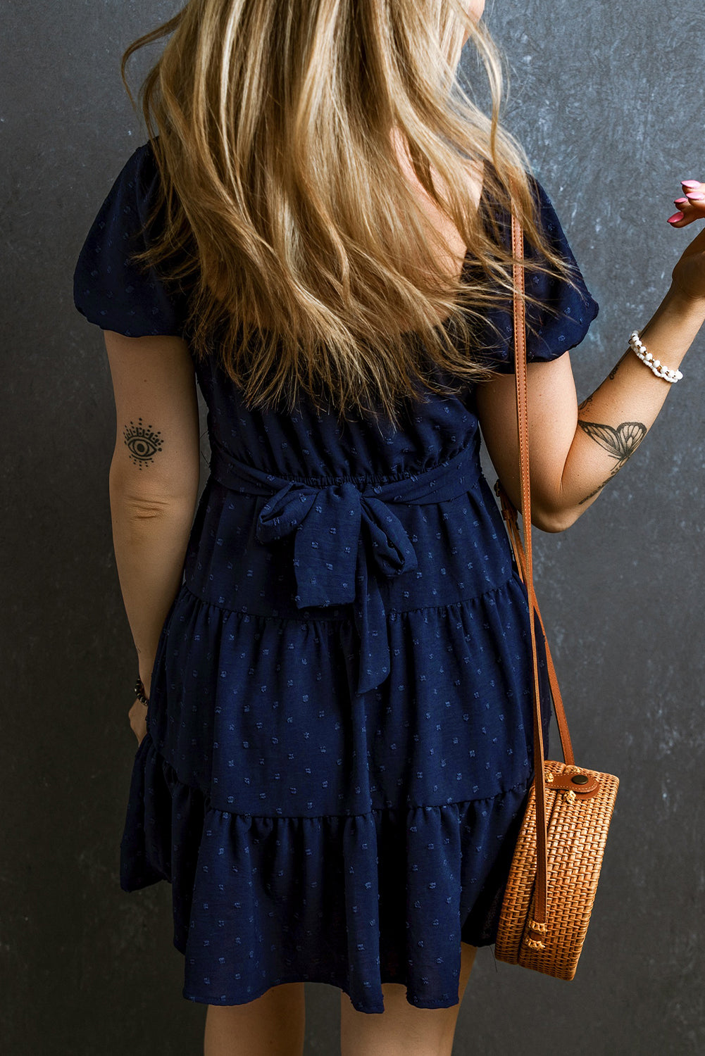 Navy Blue Swiss Dot Jacquard Puff Sleeve Crossover Tied Tiered Dress