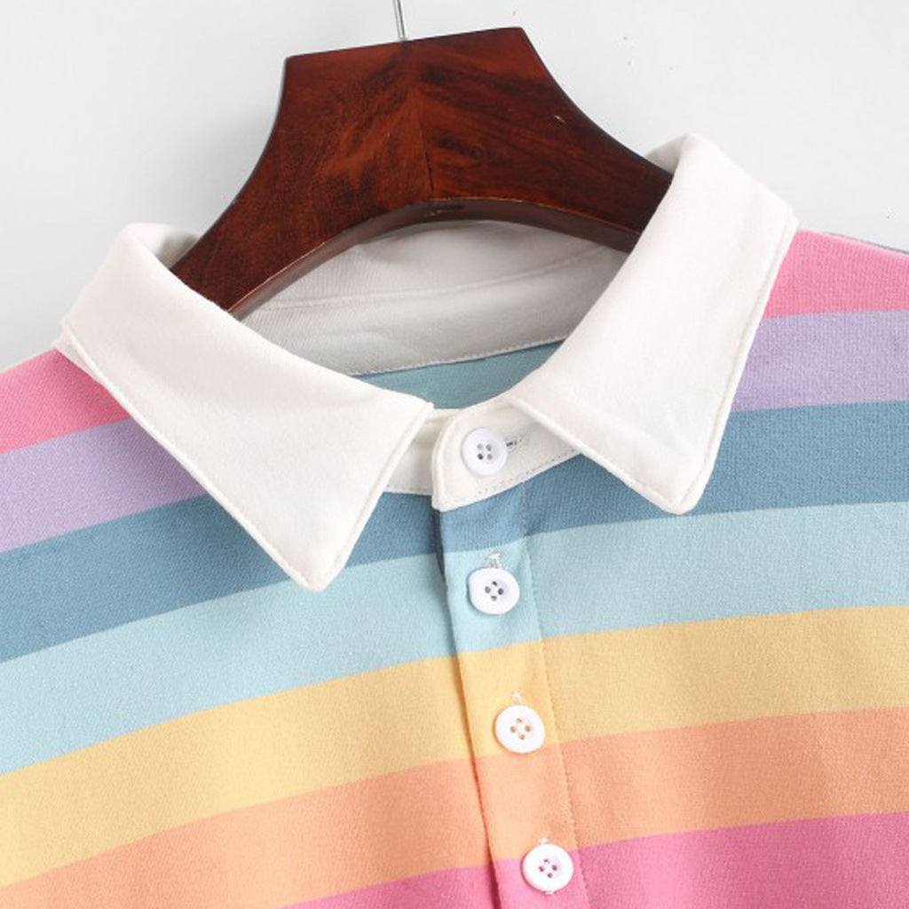 Rainbow Striped Lapel Collar Long Sleeve Sweater Primary and Pastel Color Options