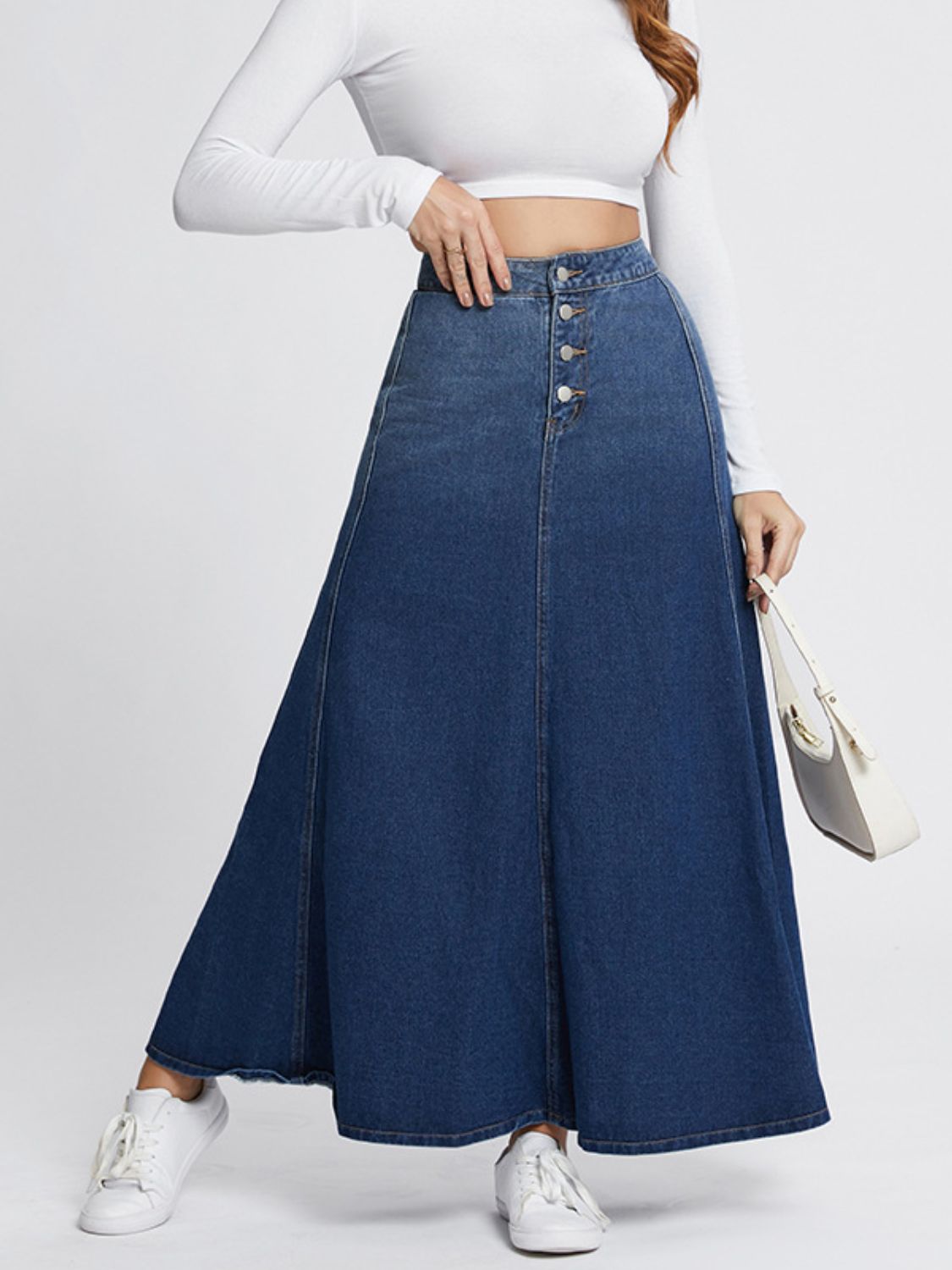 Button-Fly Hight Rise Flare Denim Maxi Skirt