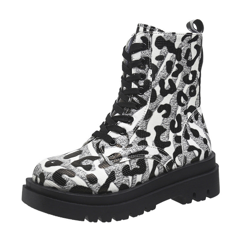 Women’s Black White Leopard Print Low Heel Boots