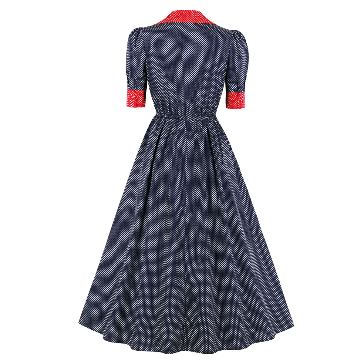 Hepburn Style Quarter Sleeve Polka Dotted and Collared Retro Swing Dress