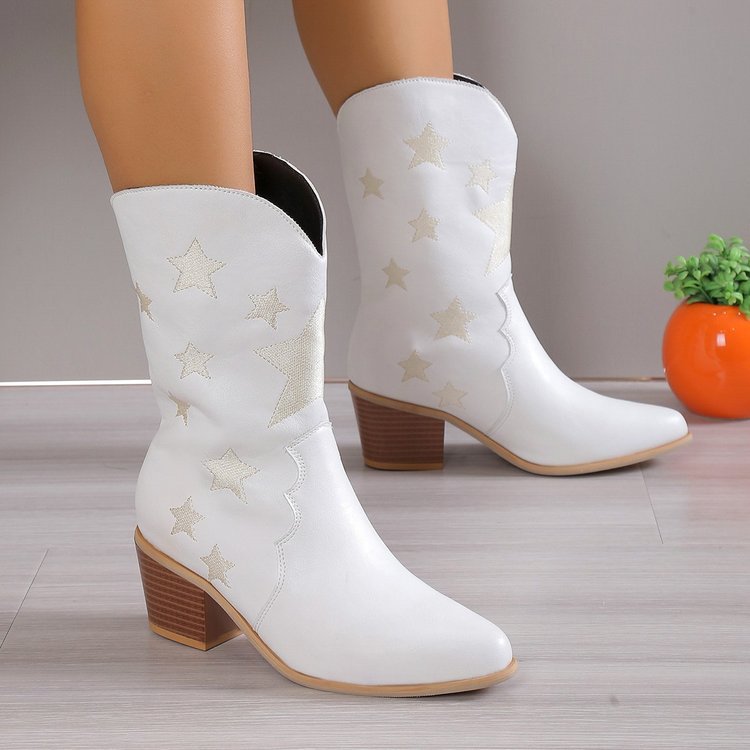 Women's Embroidered Star Pointed Toe Chunky Heel Western Cowgirl Boots