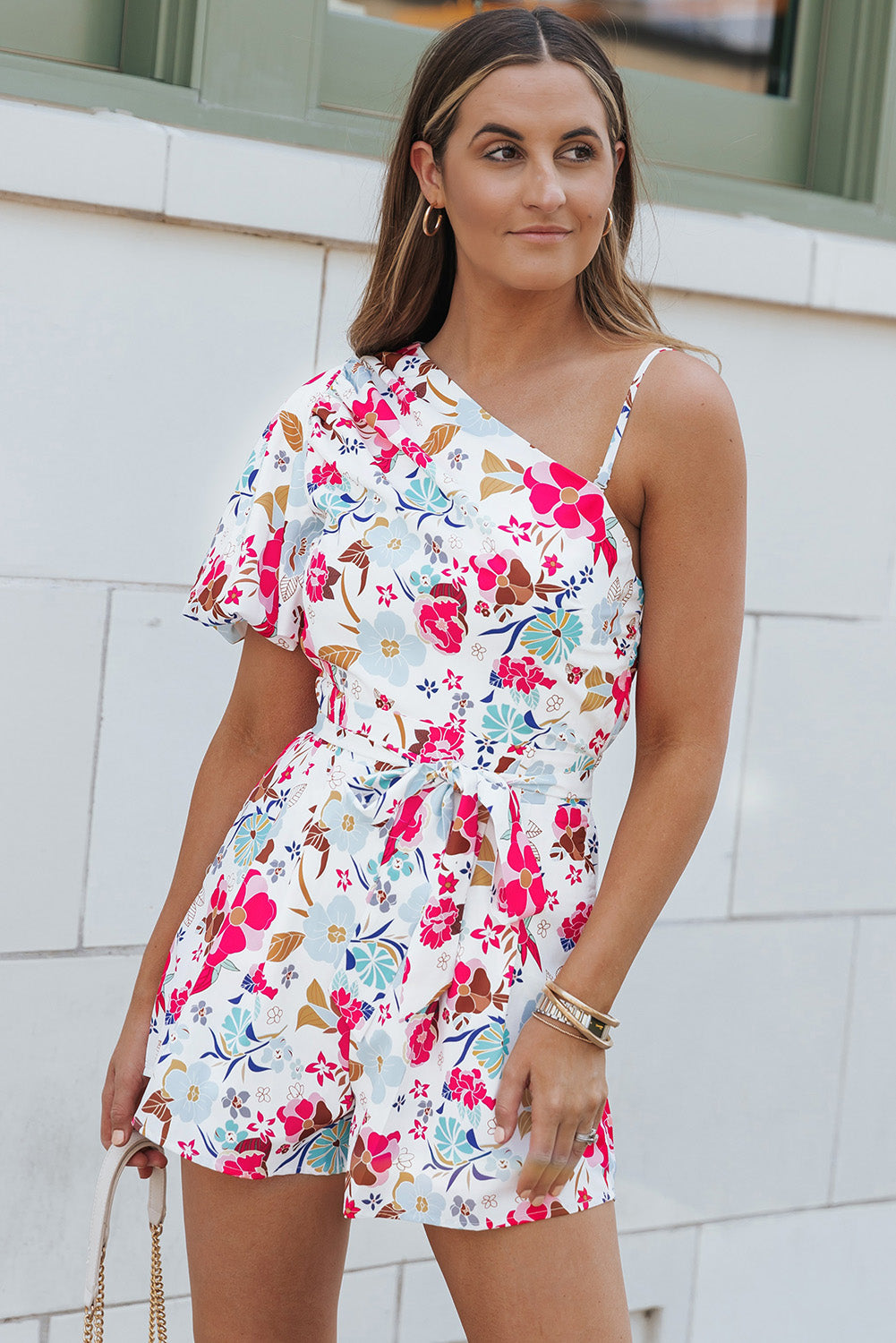 White Floral Single Bubble Sleeve Slant Shoulder Boho Romper