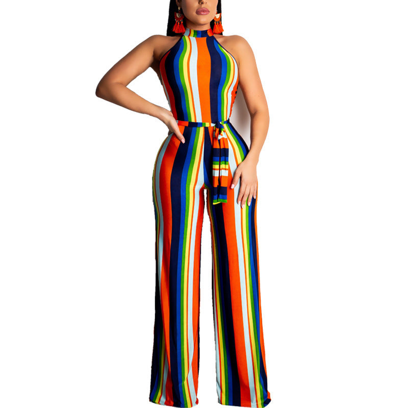 Grecian Style Wide Leg Tie Waist Halter Rainbow Striped Casual Jumpsuit