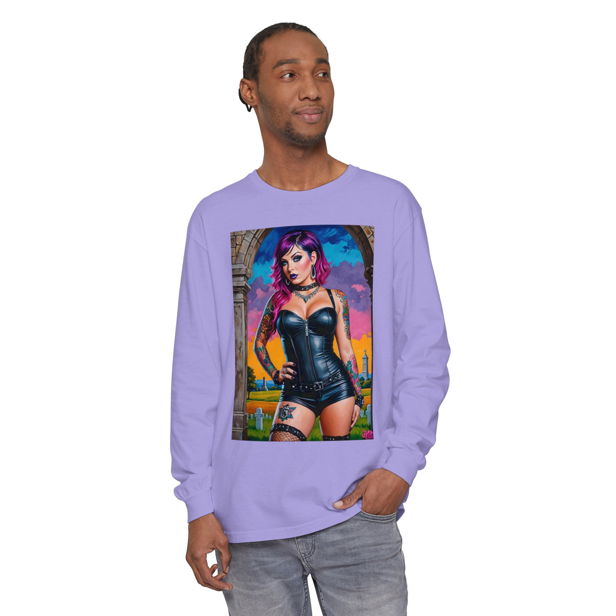 Goth Graveyard Girl Series - Design Three - Unisex Garment-dyed Long Sleeve T-Shirt