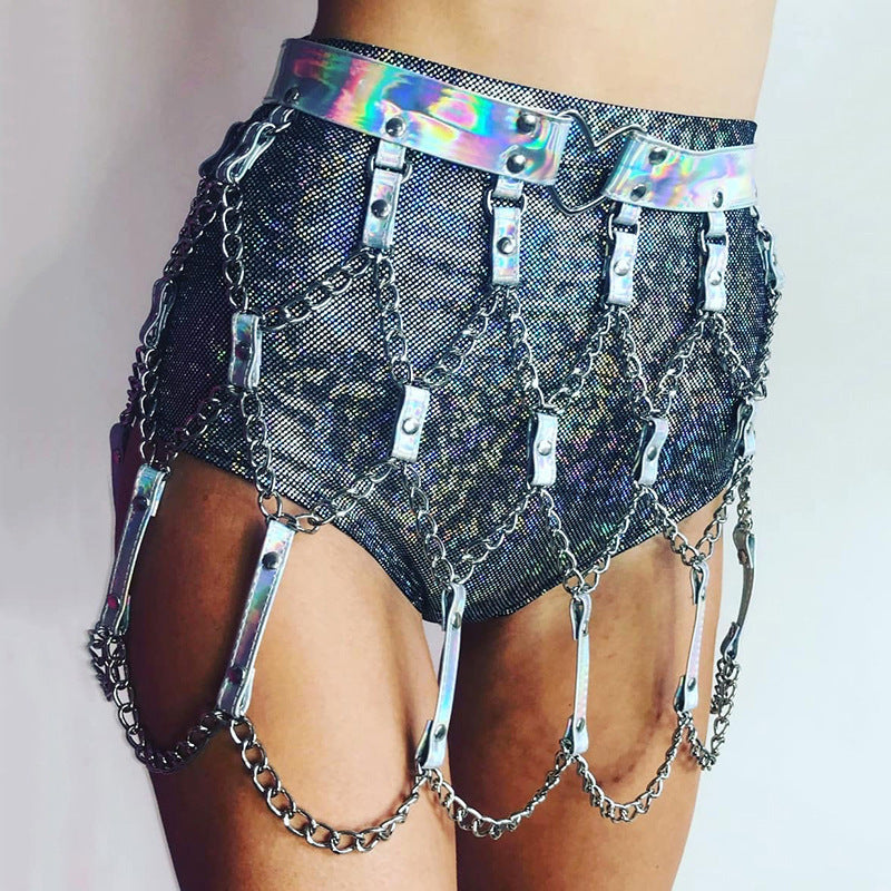 Women's Punk Laser Leather Waist Chain Skirt