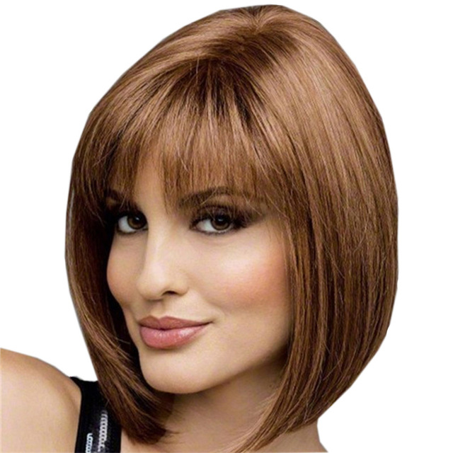 Golden Brown Bob Hairstyle Short Hairstyle Synthetic High Temp Wig With Bangs