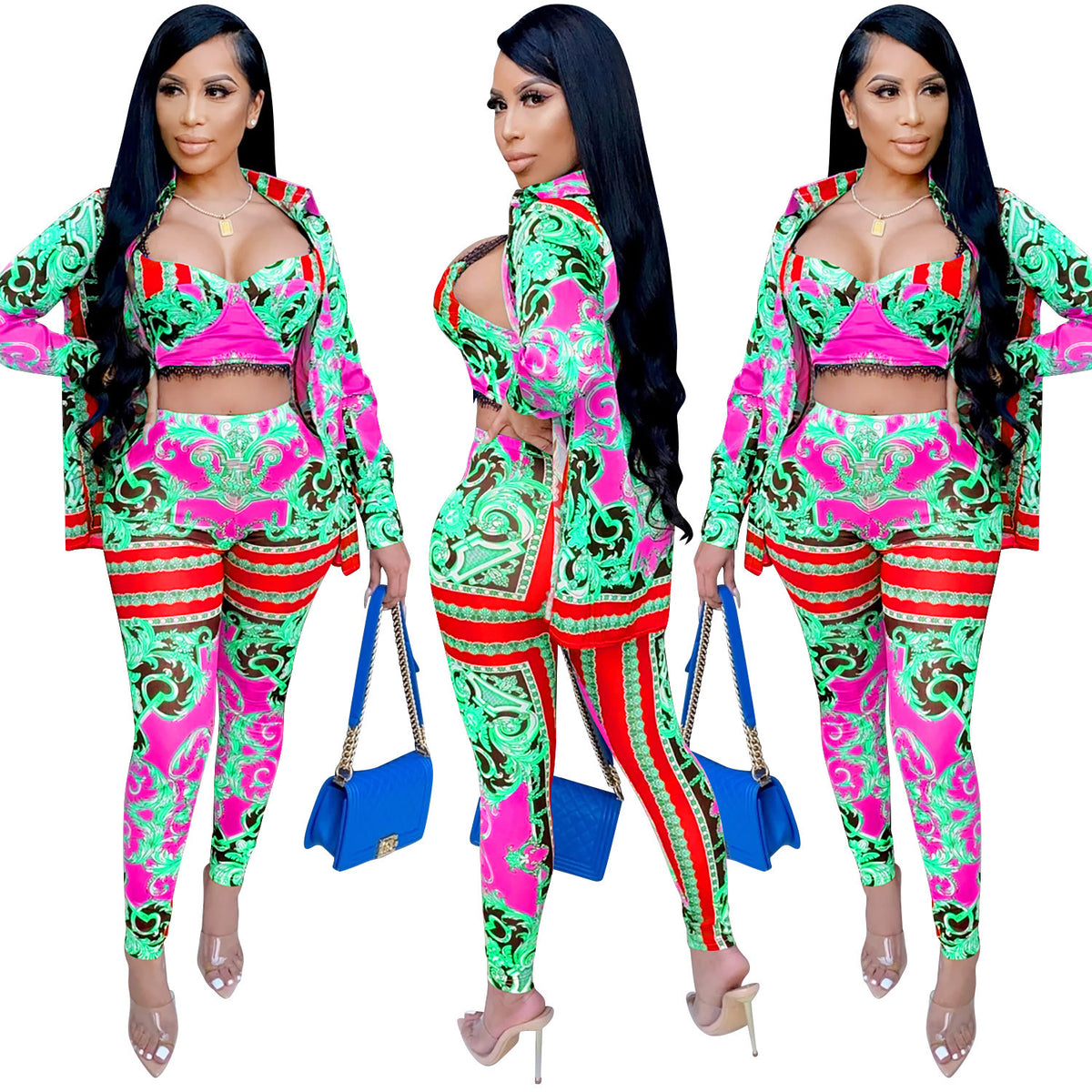 Women’s Sexy Long Sleeve Sweetheart Crop Top All Over Print Two Piece Outfit Sets