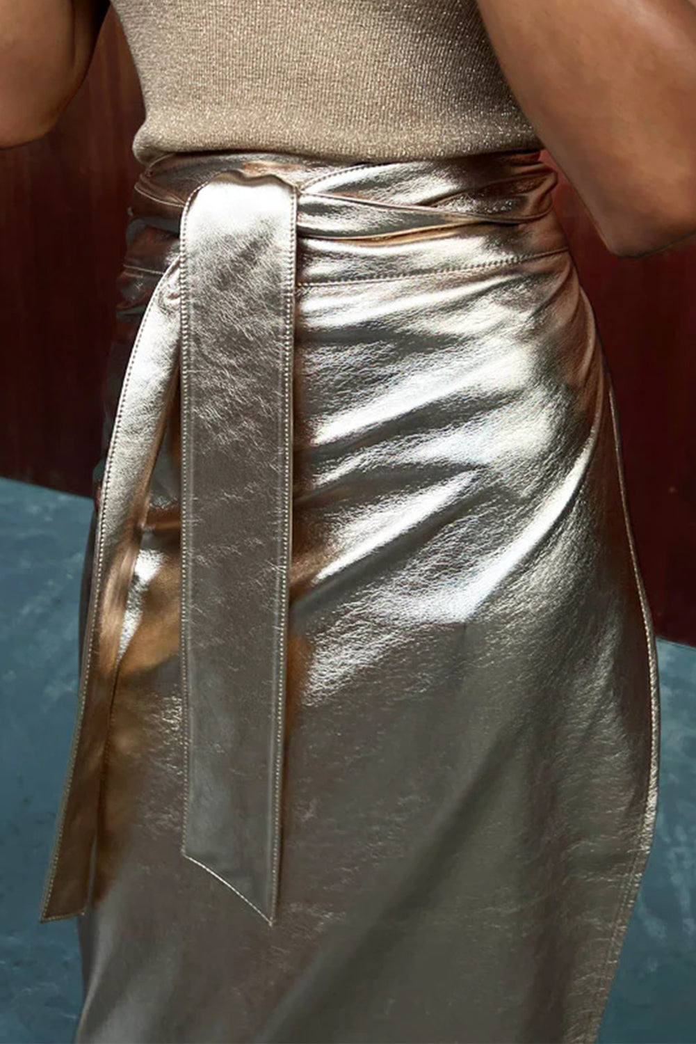 Gold Metallic Leather Knotted Wrap Midi Skirt | Women’s Fashion Skirt