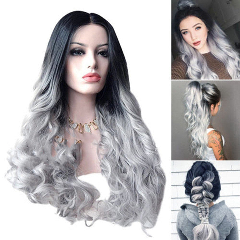 Black To Grey Gradient Medium-Long Wavy Curly Full Volume Cosplay Wig