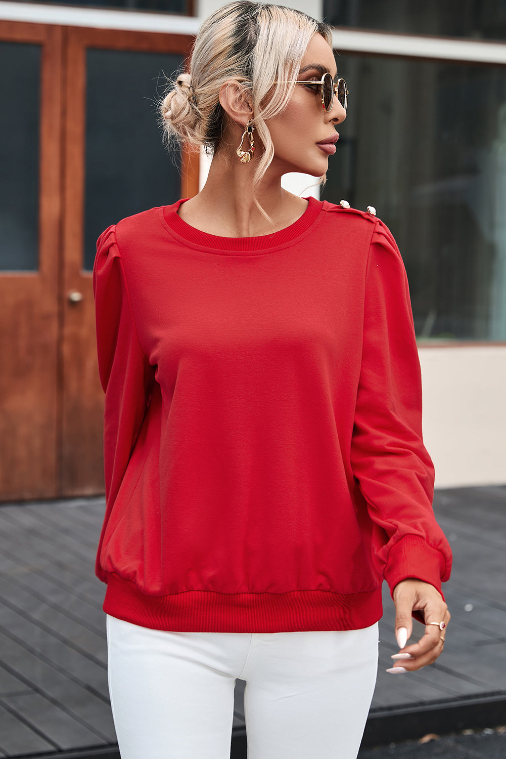 Red Button Tab Detail Round Neck Long Sleeve Top