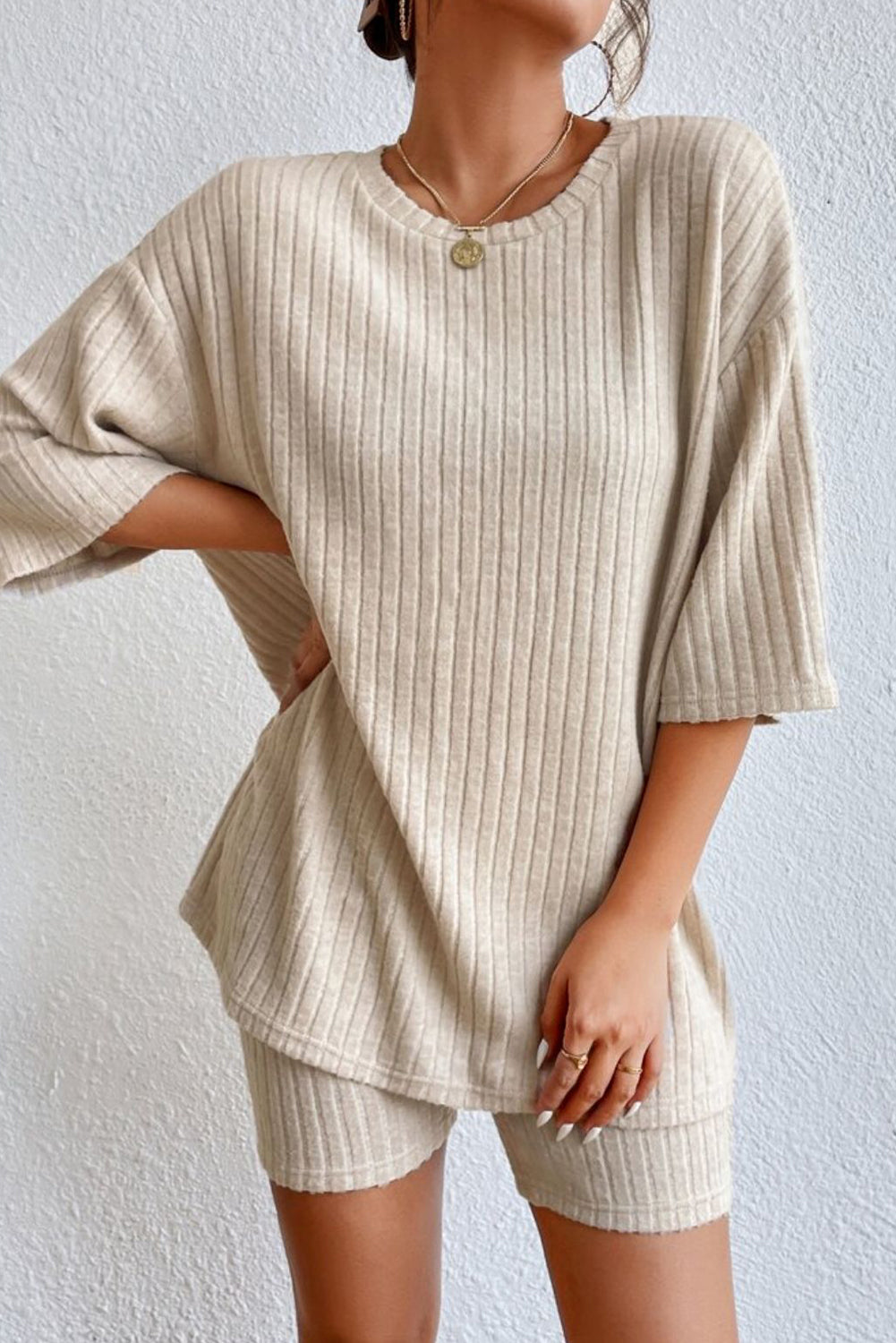 Khaki Ribbed Knit Bell Sleeve Crop Top Drawstring Pants Set