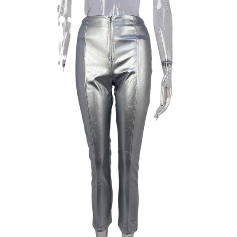 Metallic Wet Look High Waist Super Slim Fit PU Skinny Leg Pants