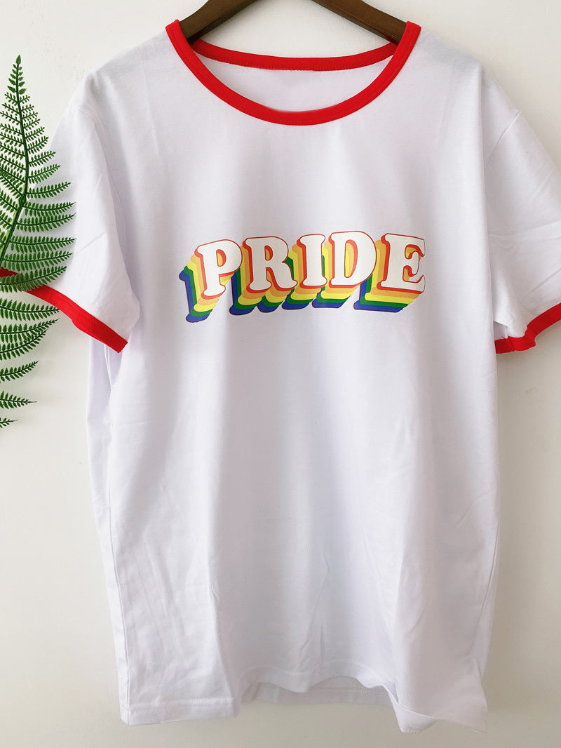 PRIDE Rainbow Block Letters Red Trim Casual Round Neck Short Sleeved Graphic Print Tee Shirts