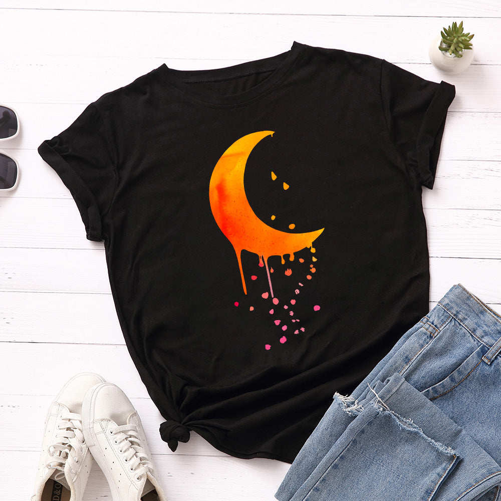 Orange Crescent Moon Witchy Vibes Round Neck Short Sleeved Graphic Print Tee Shirt