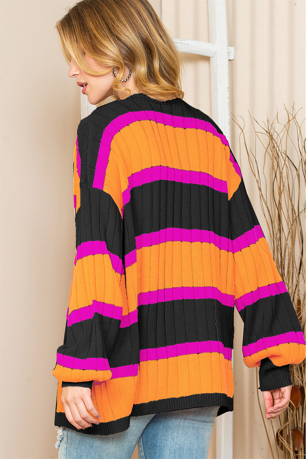 Black Stripe Print Ribbed Knit Sweater Cardigan