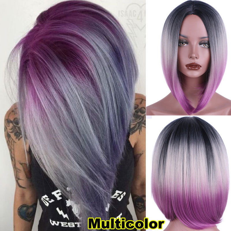 Three-color gradient mid-centre bob haircut cosplay wig