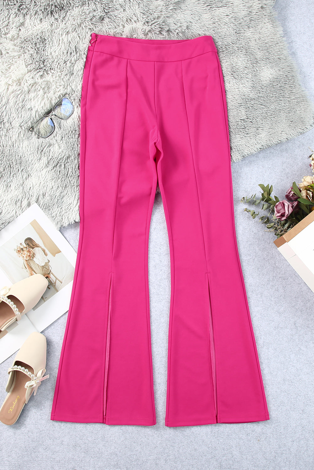 Black Split Hem High Waist Slim Fit Pants