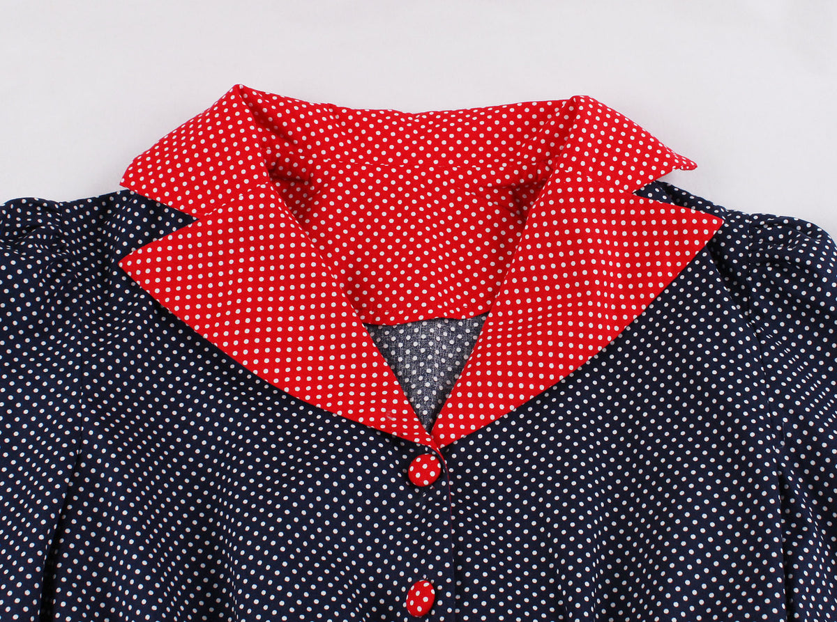 Hepburn Style Quarter Sleeve Polka Dotted and Collared Retro Swing Dress