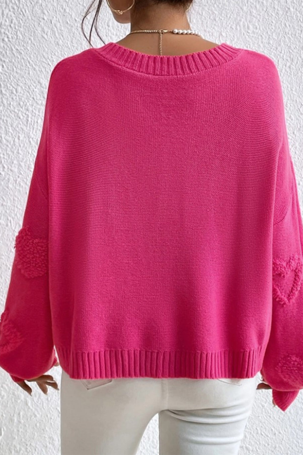 Rosy Heart Pattern Pearl Detail Drop Sleeve Knit Sweater