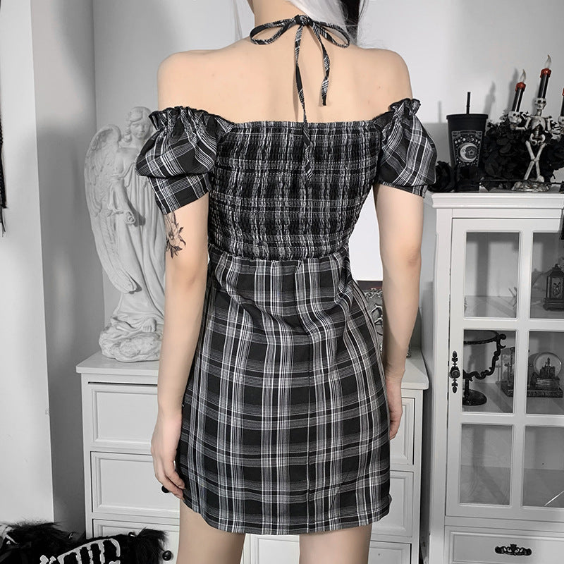 Off-the-shoulder Halterneck Plaid Drawstring Puff Sleeve Dress