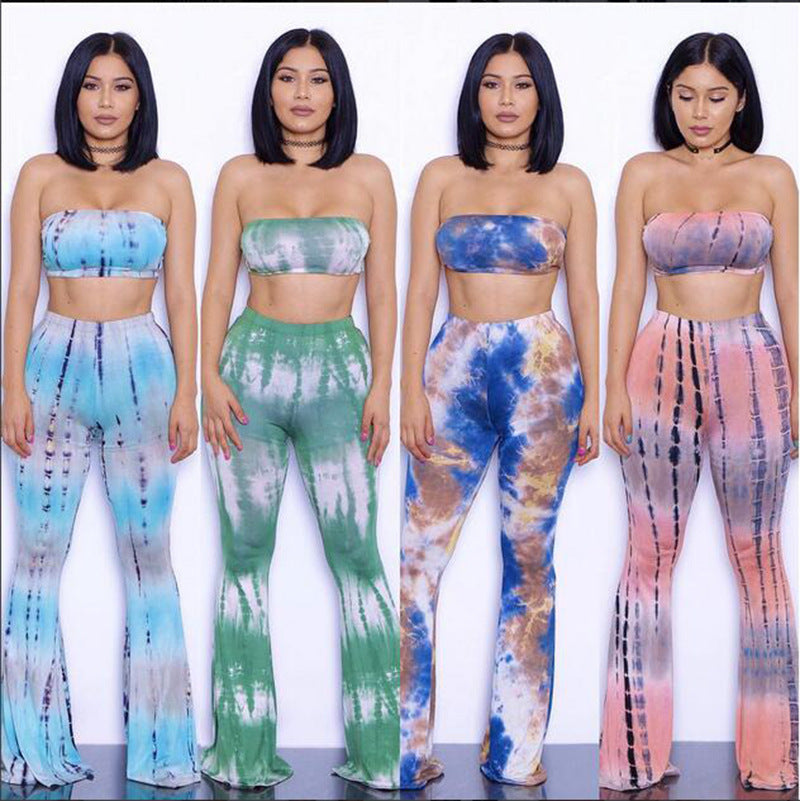 Tie Dye Bandage Tube Top And Flared Leg Pants Two Piece Outfit Sets