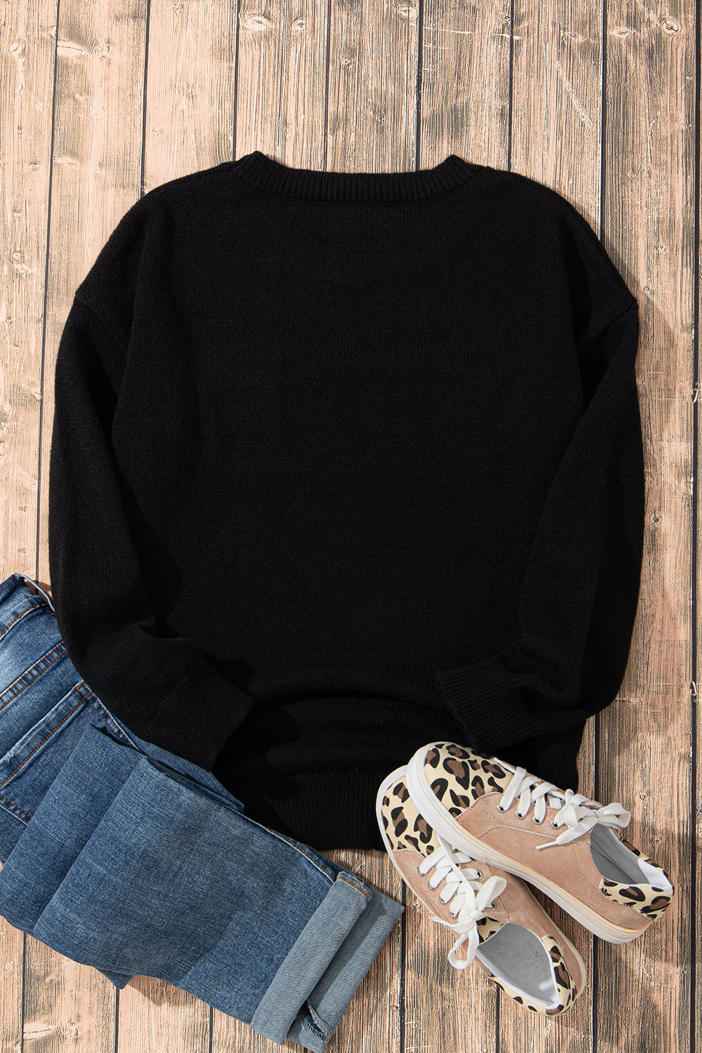 Black Howdy Heart Graphic Round Neck Casual Sweater