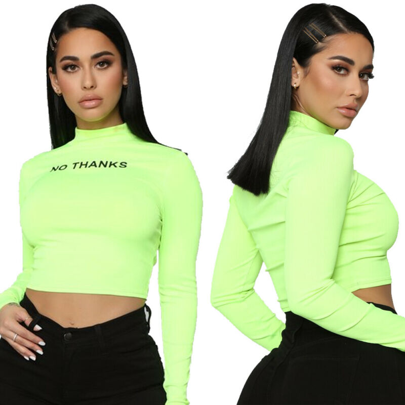 Neon Green Slim Print Long Sleeve No Thanks Crop Top