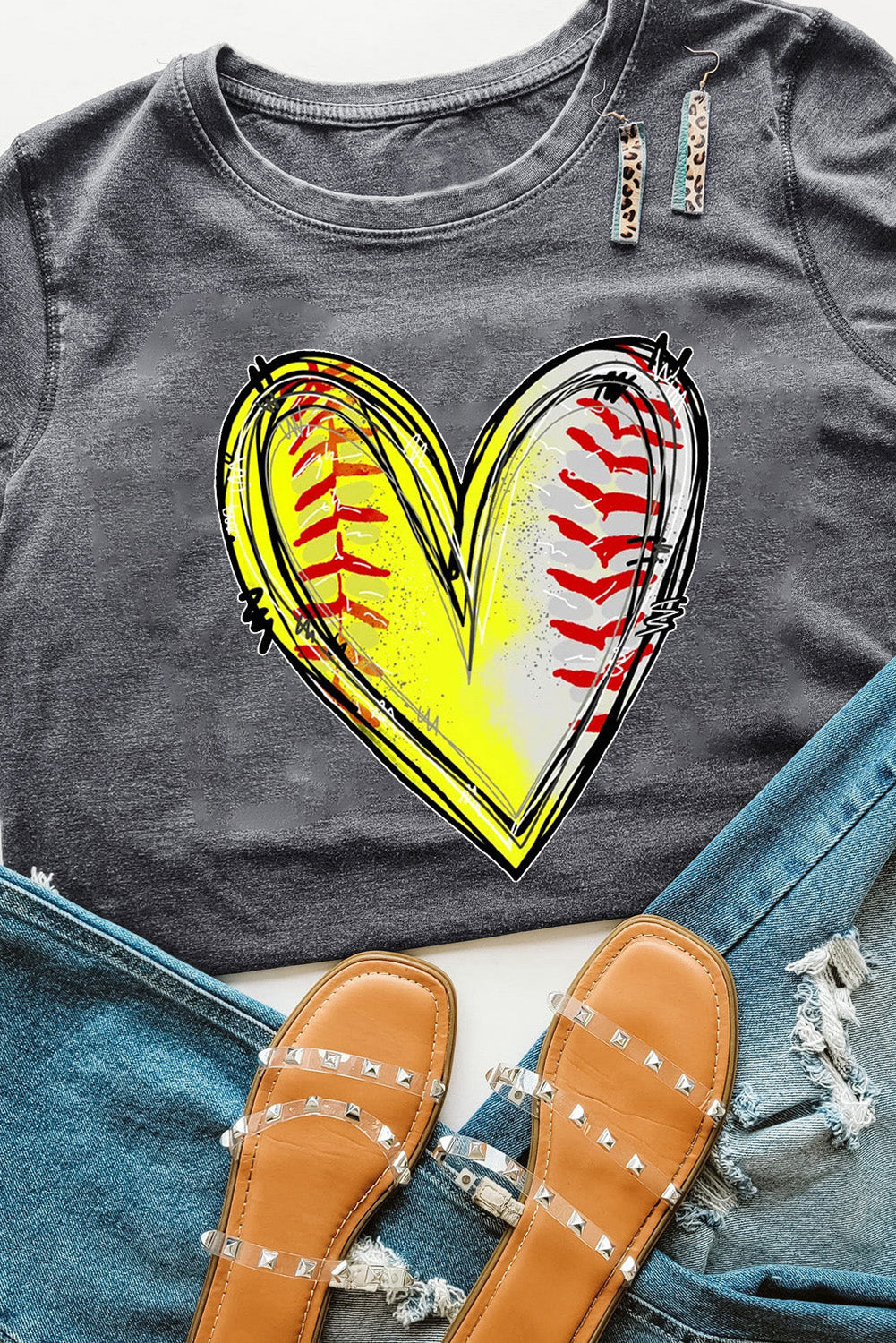 Gray Baseball Heart Shape Graphic Crew Neck T Shirt