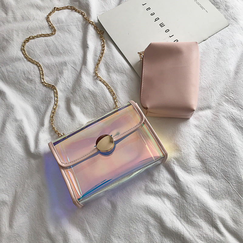 Laser Holographic Pastel Rainbow Shoulder Bag With Chain Strap