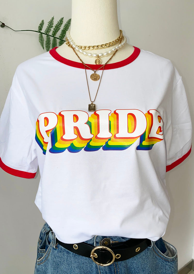 PRIDE Rainbow Block Letters Red Trim Casual Round Neck Short Sleeved Graphic Print Tee Shirts