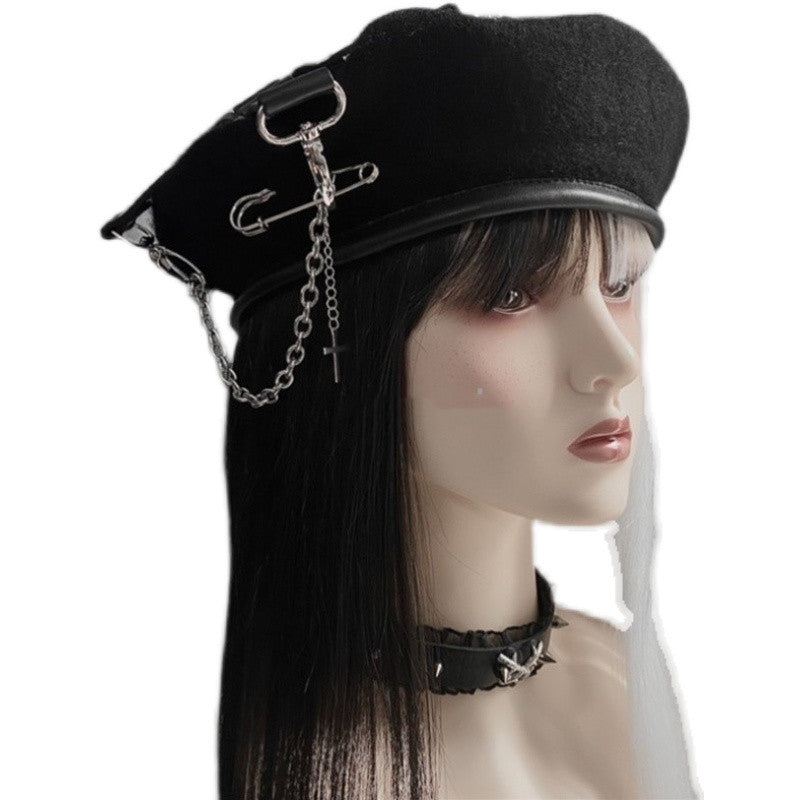 Punk Goth Pu Cross Pin Chain Painter Hat