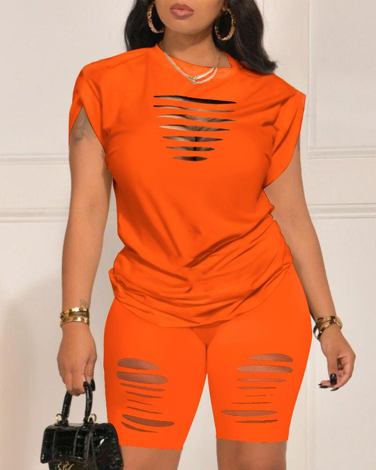 Orange Distressed Hollow Cut Out Cap Sleeve Tee Shirt And Shorts Outfit Set