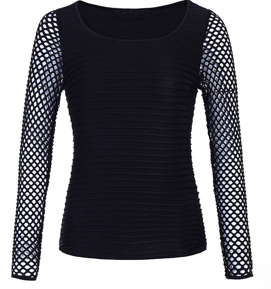 Punk Rock Style Long Sleeved Fishnet Sleeve Slim Fit Top