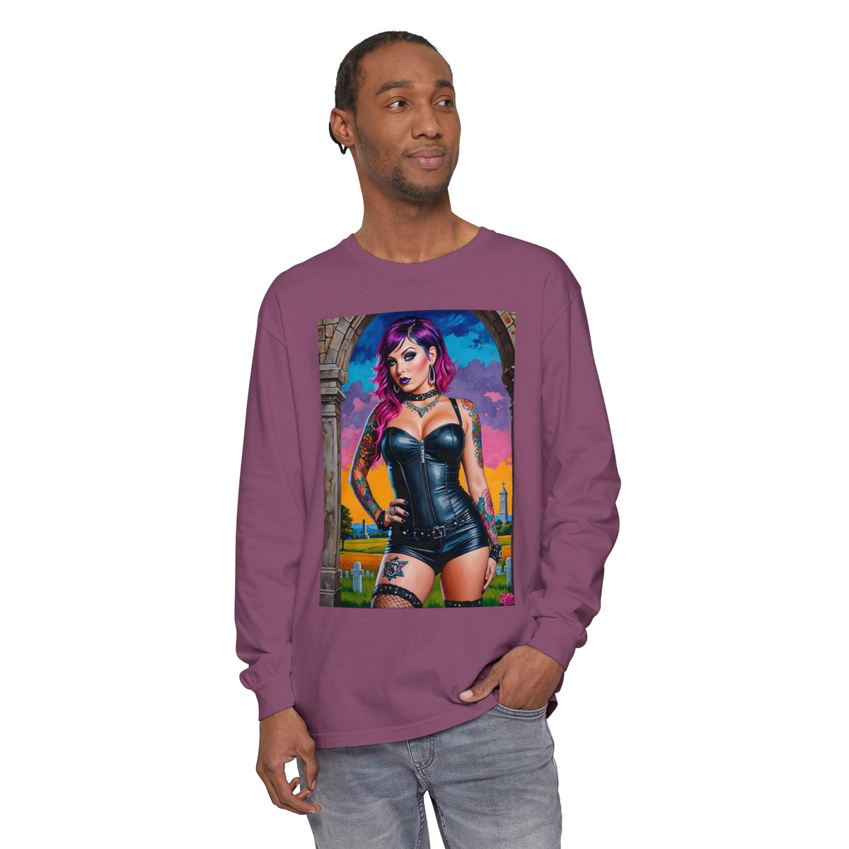 Goth Graveyard Girl Series - Design Three - Unisex Garment-dyed Long Sleeve T-Shirt