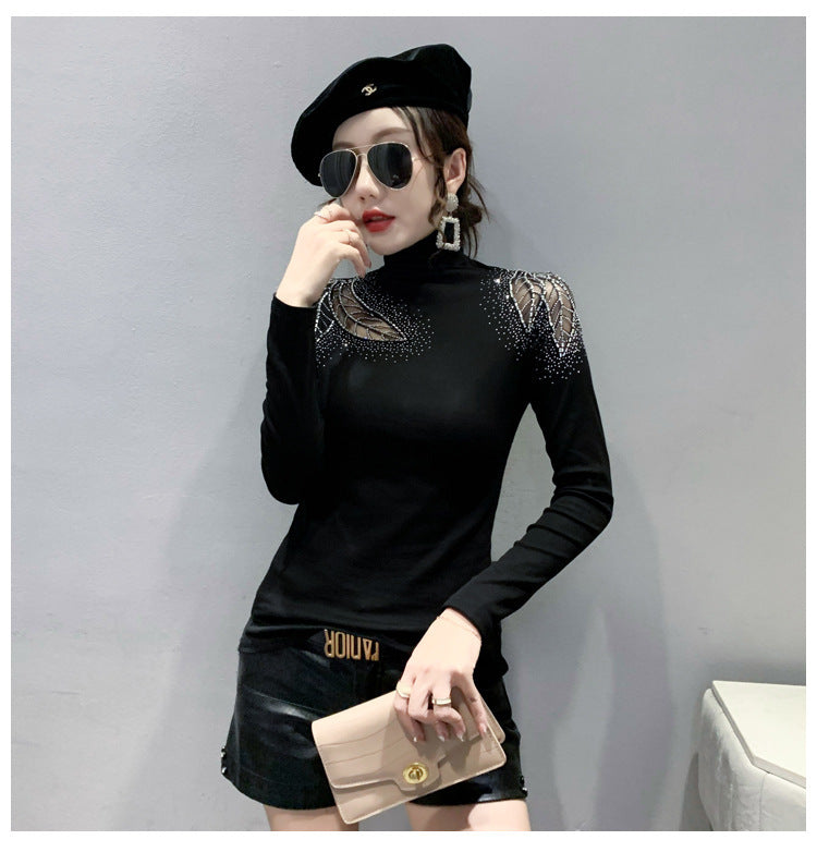 Winter New High Neck Hollow Rhinestone Long-sleeved T-shirt Fleece-lined Keep Warm Inner Match Bottoming Shirt Top