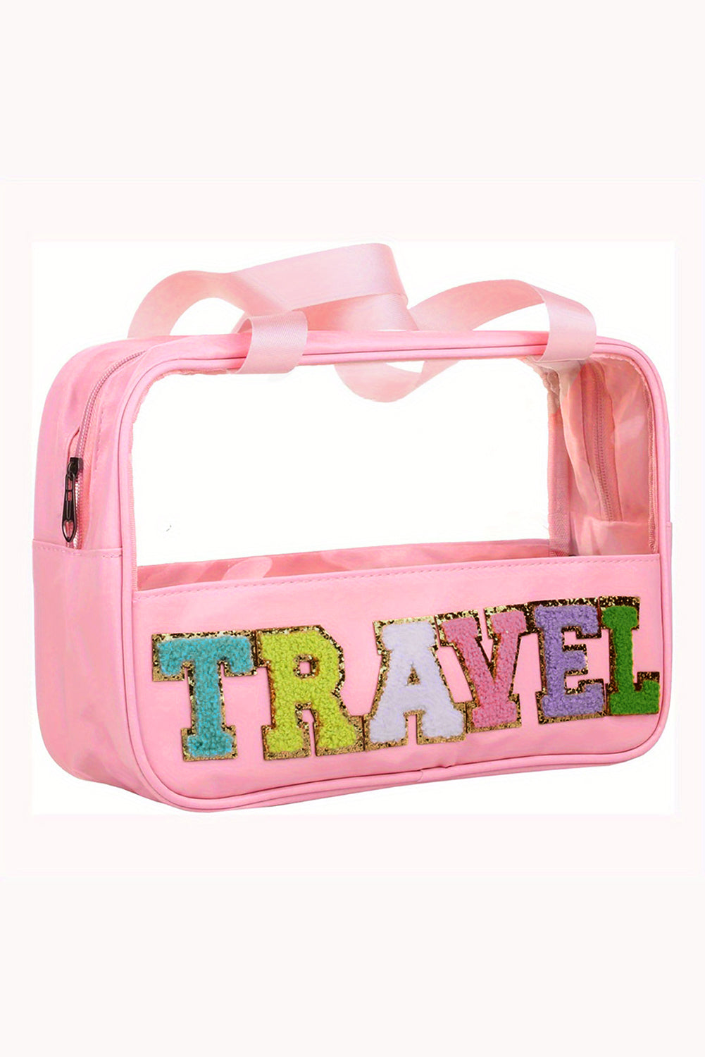 Pink Purple TRAVEL Chenille Letter Clear PVC Makeup Bag