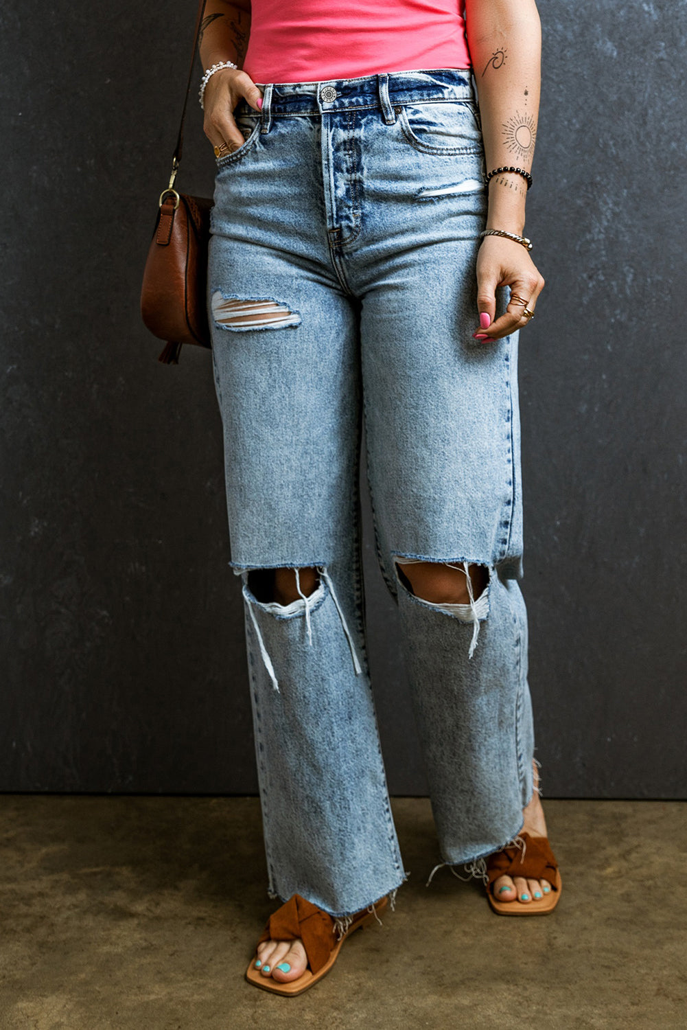 Light Blue Distressed Ripped Raw Hem Straight Leg Jeans