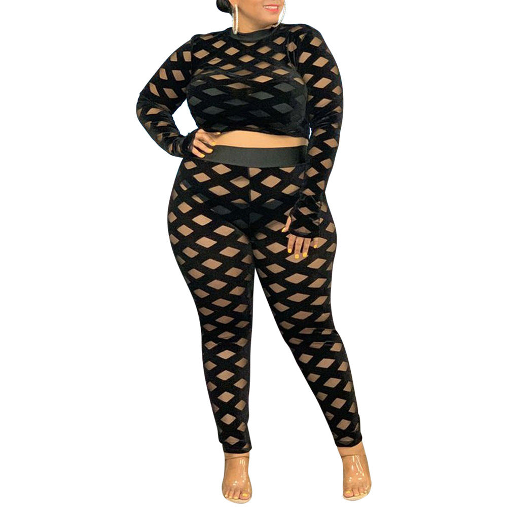 Fashion Sexy Casual Mesh Perspective Big Size Knit Fishnet Style Two-piece Long Sleeve Top and Leggings Outfit Set