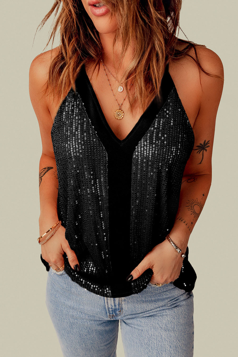 Flowy Sexy Contrast Spaghetti Strap Sequin Camisole