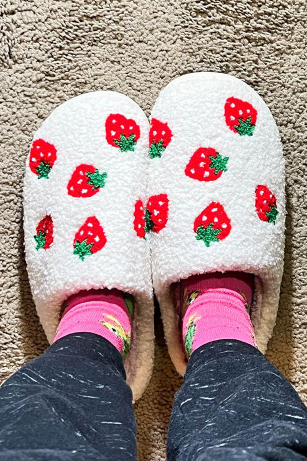 Bright White Cute Fuzzy Strawberry Pattern Home Slippers