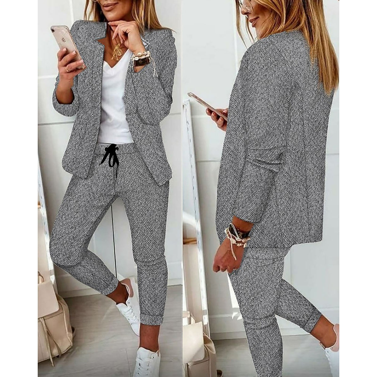 Multicolor Plaid Print Casual Retro Blazer Slim Fit Pants Set