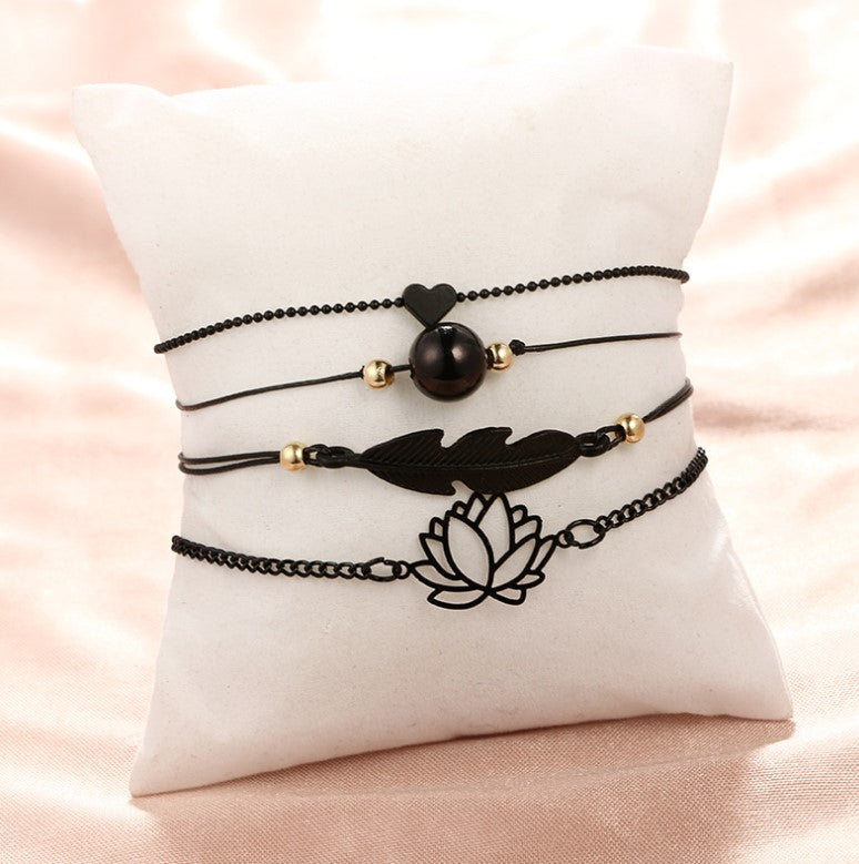 New Jewelry Black Love Heart Openwork Lotus Ball Leaf Bracelet Bracelet Four-piece Set