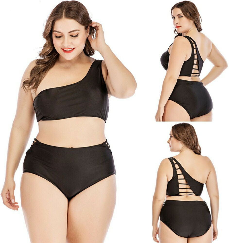 Plus Size High Waisted One Shoulder Cross Back Detail Bikini Swimsuit