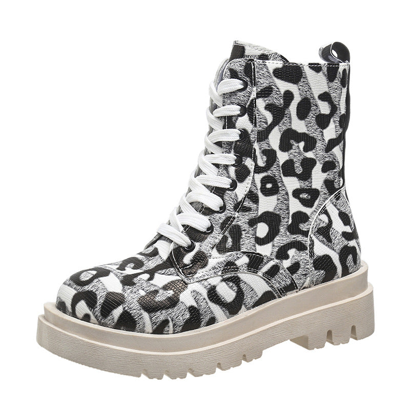 Women’s Black White Leopard Print Low Heel Boots