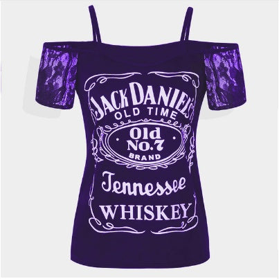 Smooth As Whiskey Cold Shoulder Lace Short Sleeved Casual Graphic Print Tee Shirt