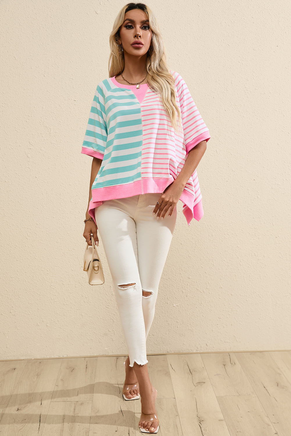 Blue Stripe Contrast Patchwork Oversized T Shirt