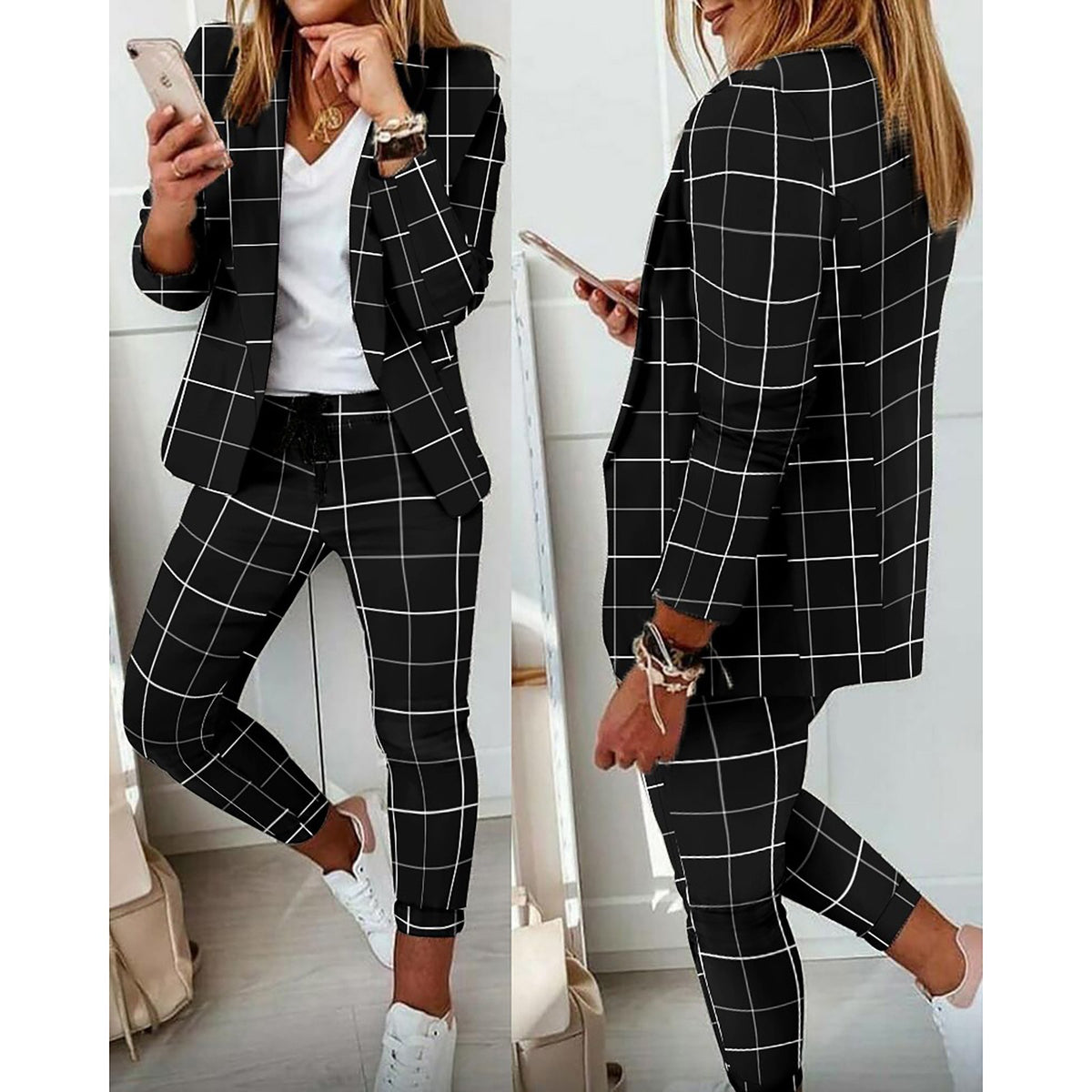 Multicolor Plaid Print Casual Retro Blazer Slim Fit Pants Set